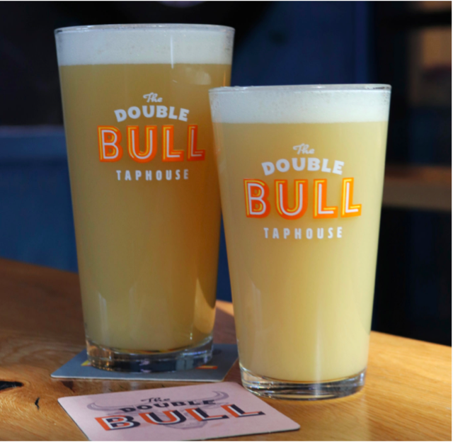 Two beer glasses with the Double Bull logo