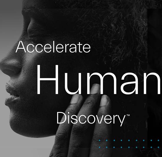 A woman's face in profile with the words Accelerate Human Discovery on top